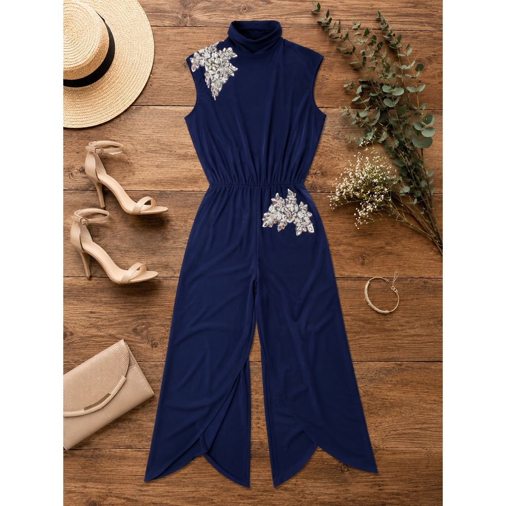 Weissman Size SA Mock Neck Navy Blue Rhinestone Embellished Tulip Leg Jumpsuit